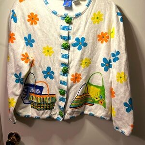 Onque Casuals Size small  Vintage White‎ Sweater Colorful Flower & Purse Design